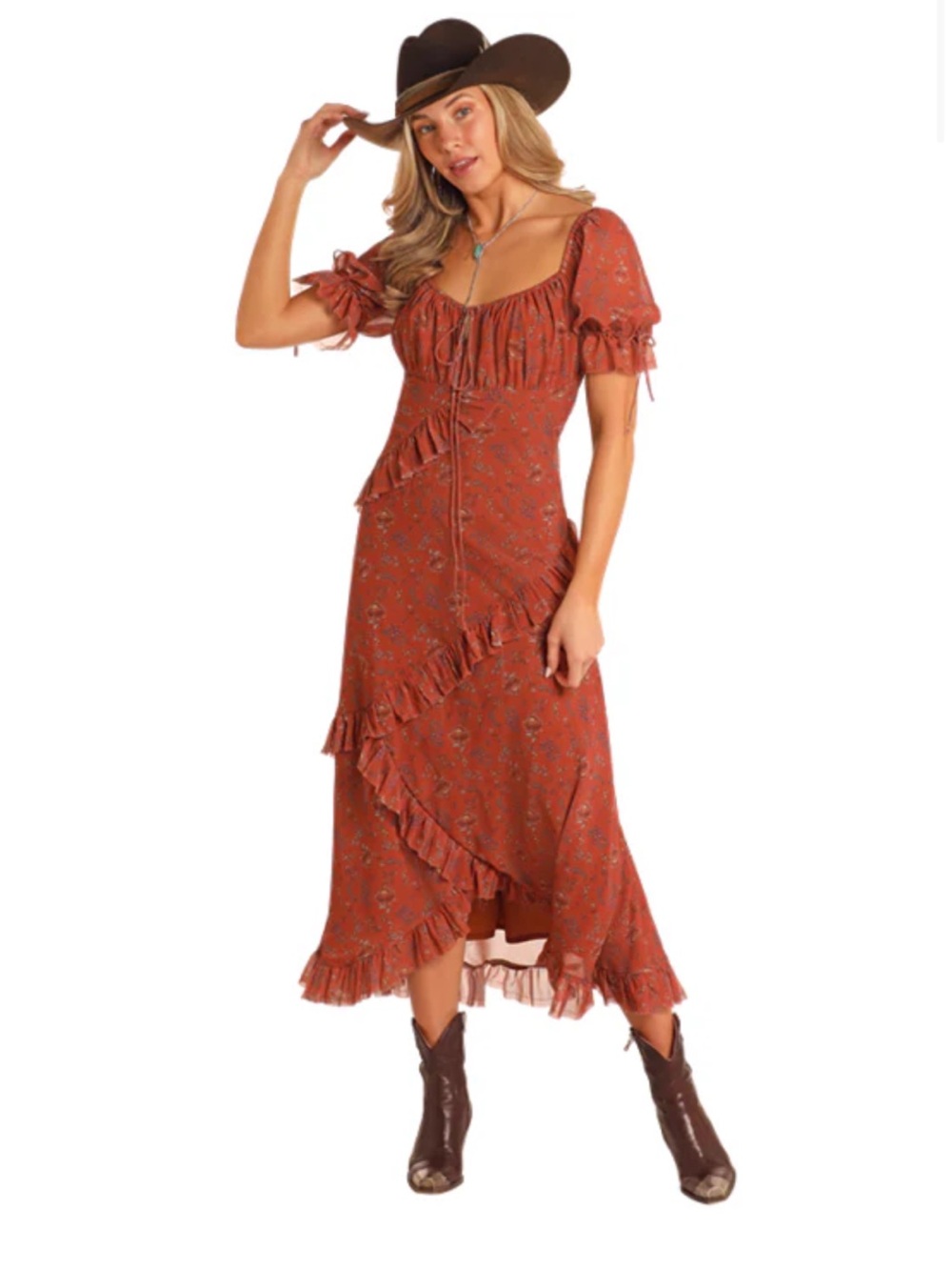 Rust Floral Ruffle Dress by Rock ‘n’ Roll Denim Size L NWT